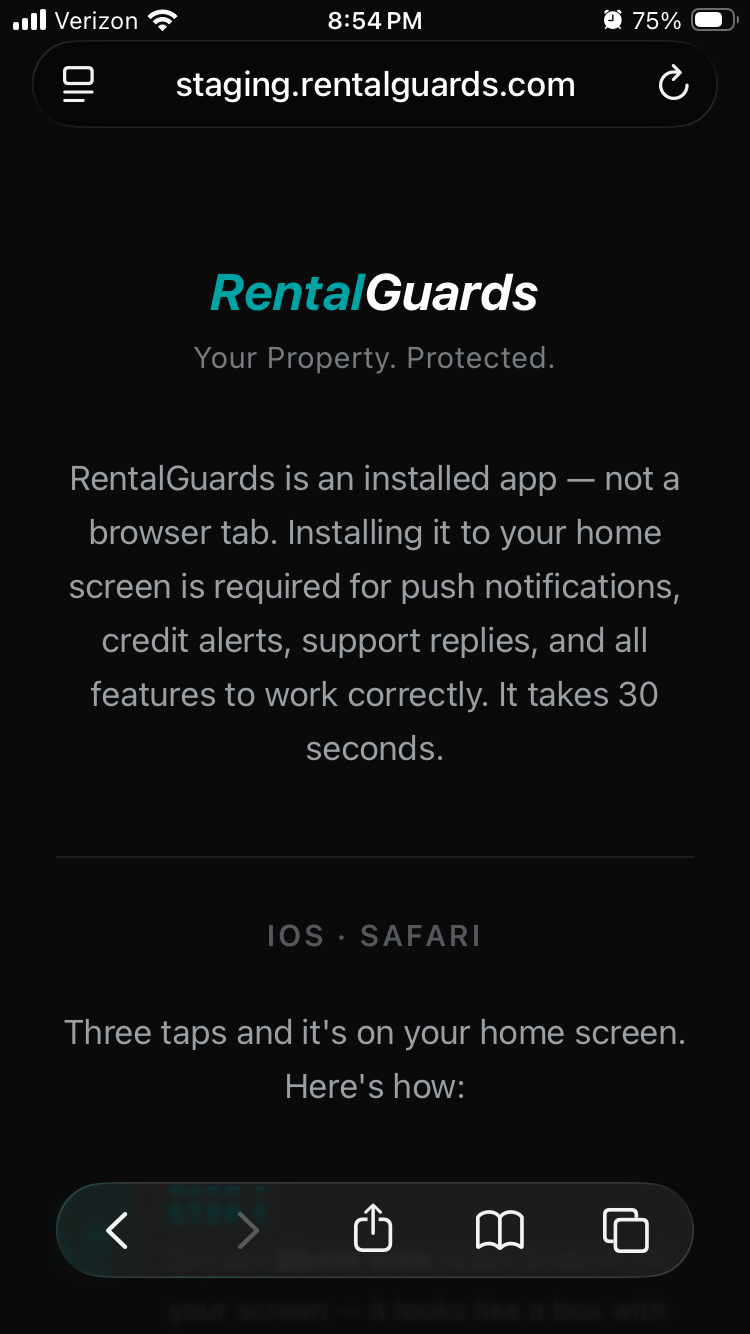 RentalGuards iOS install page in Safari